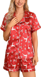 Samring Women's Silk Satin Pajamas Set Short Sleeve Sleepwear Two Piece Button Down Pj Set with Pockets S-XXL