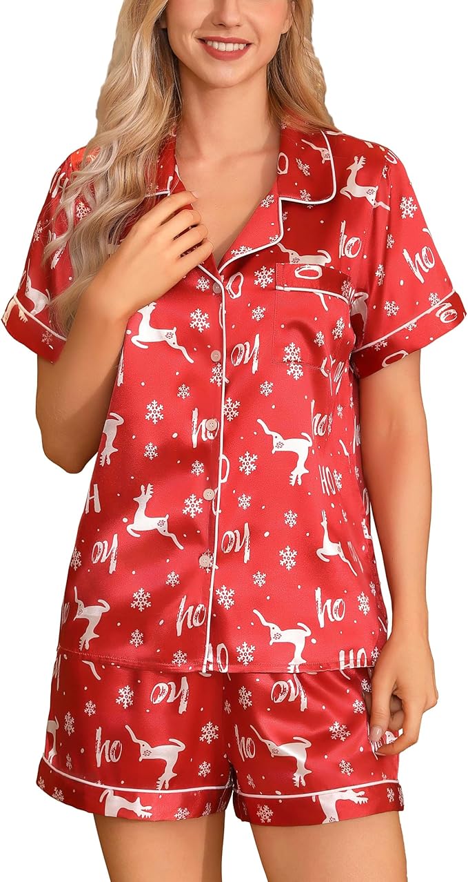 Samring Women's Silk Satin Pajamas Set Short Sleeve Sleepwear Two Piece Button Down Pj Set with Pockets S-XXL