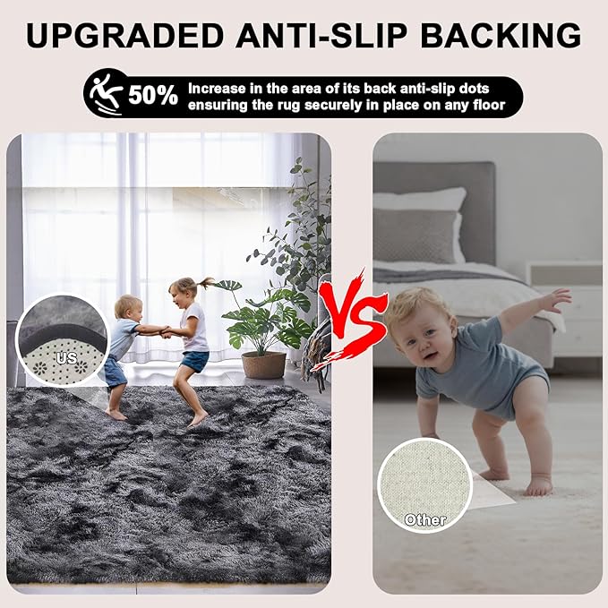 9x12 Shag Area Rugs for Living Room, Extra Large Ultra Soft Fluffy Furry Rug for Bedroom, Indoor Carpet Plush Fuzzy Nursery Rugs for Girls and Boys, Dorms, Home Decor Aesthetic, Tie-Dyed Black Grey