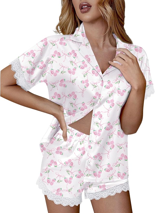 Ekouaer Womens Lace Satin Pajama Set Button Down Pj Shorts Set Bridesmaids Getting Ready Outfits Casual Sleepwear XS-XXL