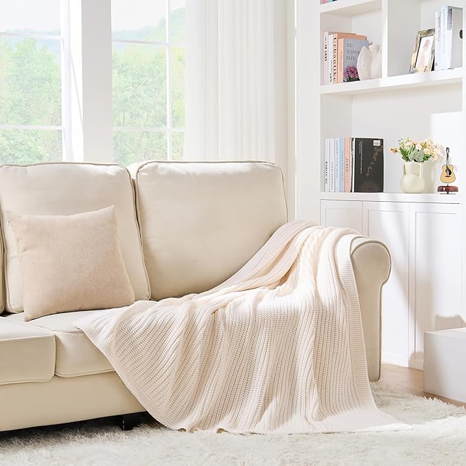 Cream White Chunky Knit Throw Blanket 50"x60" - Soft Cozy Thick Knitted Blanket for Couch Sofa Bed, Cute Christmas Decorative Throw for Living Room
