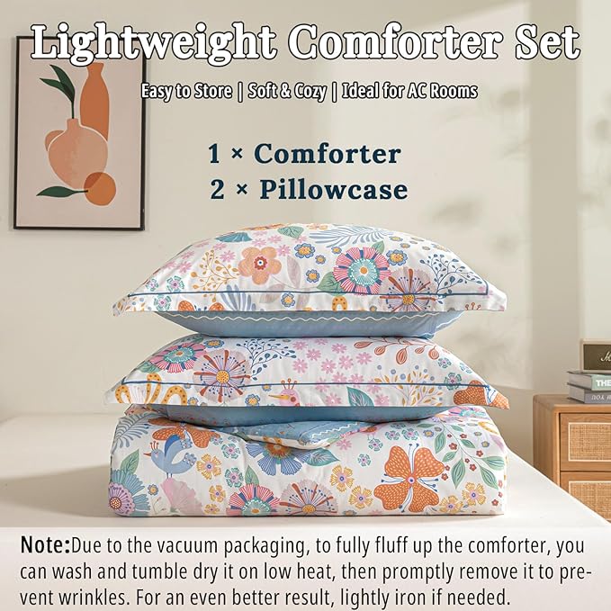 ALEISSEL Blue Floral Cotton Comforter Queen Size - Vibrant Artistic Blooms & Boho Geometric Patterns, White & Soft Blue, 3PC Lightweight Bedding Sets with Down Alternative Fill(90"×90")