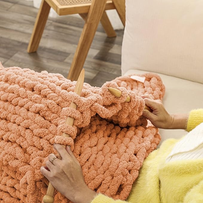 WESHIONGOO Chunky Knit Blanket Throw Knitted Throw Blankets for Couch Bed Fluffy Soft Blanket with Jumbo Chenille Yarn Thick 100% Handmade(Peach Fuzz, 51"×63")