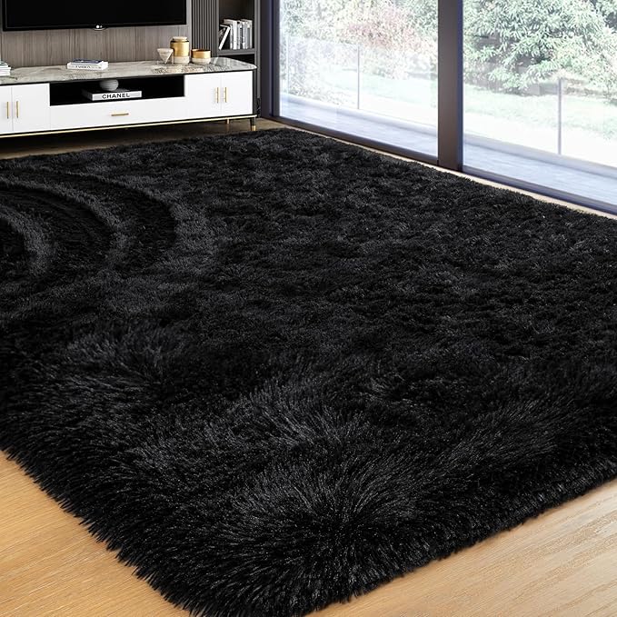 Softlife Black Area Rug for Bedroom, Fluffy Shag Plush Rugs for Living Room Girls, Shaggy Throw Soft Fuzzy Small Kids Carpet for Dorm Bedside Ultra Cozy Non-Slip Indoor Decor, 4x5.3 Feet