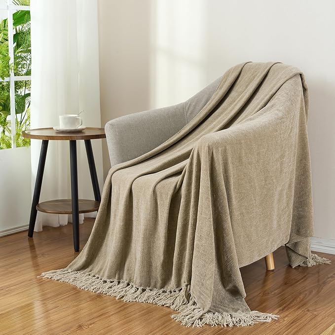 Chenille Throw Blanket for Couch with Tassels,50"X60" Soft Cozy Lightweight Knitted Boho Decorative Blankets for Bed and Sofa,Taupe