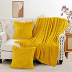 Striped Throw Blanket and Pillow Covers Set (No Inserts) for Couch and Bed, Plush Warm Lightweight Fuzzy Faux Fur Blanket for All Seasons (60" x 80", Mustard Yellow)