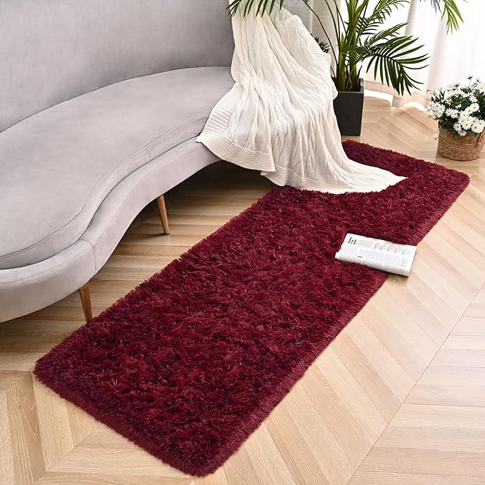 Burgundy Red Runner Area Rugs for Bedroom Living Room, 2x4 Feet Fluffy Bedside Rugs, Soft Shaggy Carpet for Kids Room Nursery, Cute Furry Rugs for Girls Boys Dorm Room Home Decor