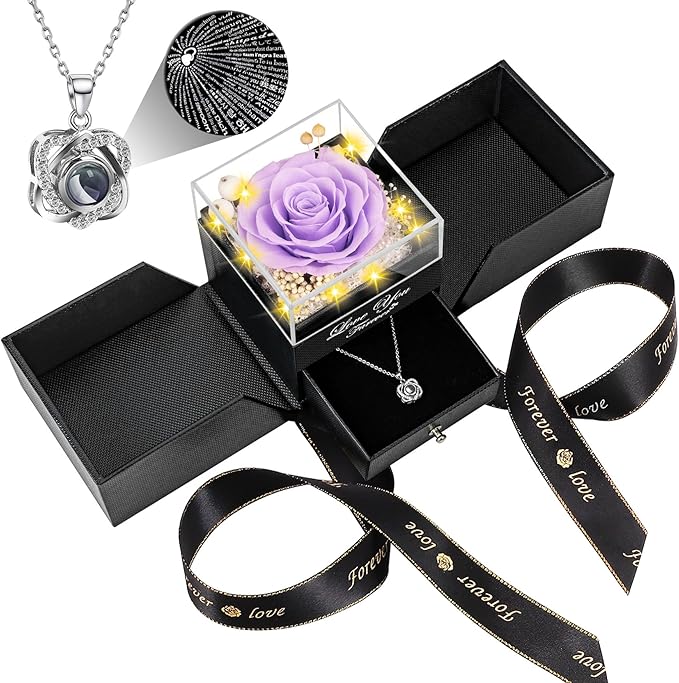 Lebana Preserved Light Purple Real Rose with Heart I Love You Necklace -Eternal Flowers Rose Birthday Gifts for Women Her Mom Wife Girlfriend Grandma on Valentines Mothers Day Christmas Anniversary