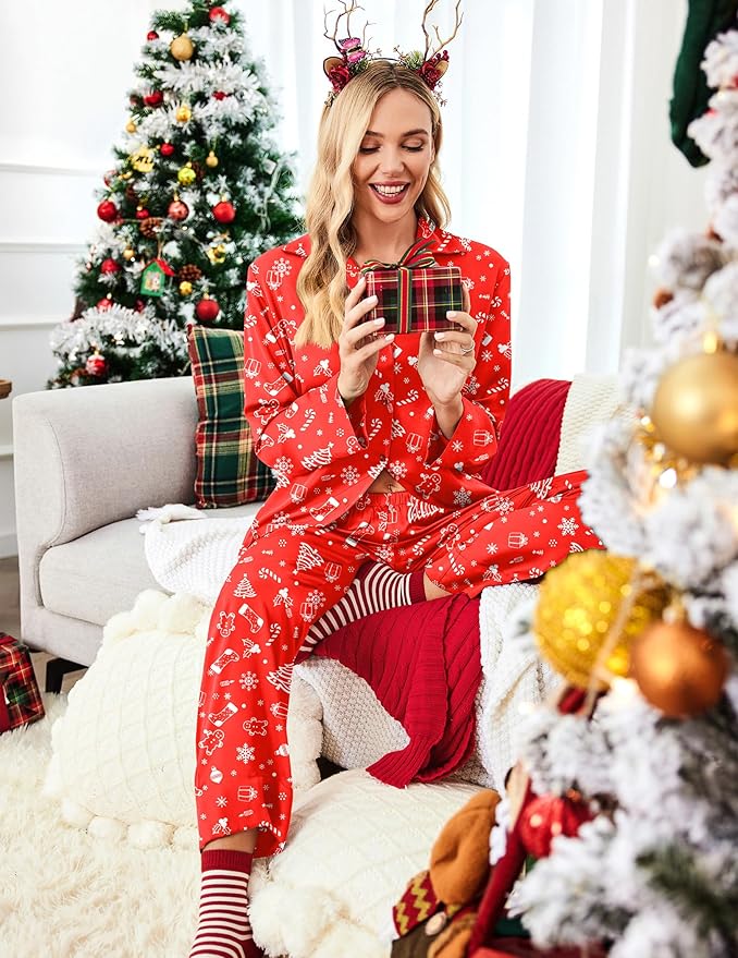 Ekouaer Women Satin Silk Pajamas Classic Long Sleeve Button Down Pjs Set Soft Loungewear