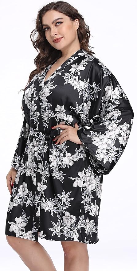 Women's Plus Size Satin Kimono Robes Short Silk Bathrobe Bridesmaid Wedding Party Nightgown Sleepwear