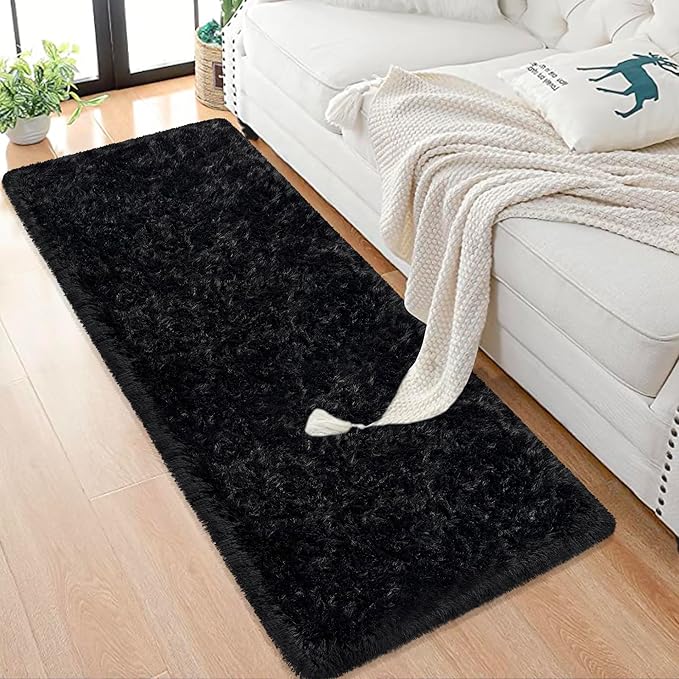 Black Runner Rug for Bedroom 2x6 Fluffy Shaggy Rug Soft Plush Fuzzy Area Rug Bedside Runners for Hallway Kids Nursery Living Room with Non Slip Modern Indoor Decor Carpet