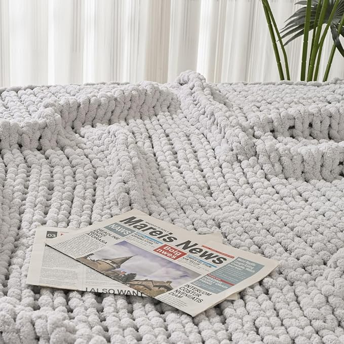 Esterra 100% Hand Knitted Chenille Throw Blanket, Cozy Soft Thick Cable Knit Throw, 40x50 Inches, Light Gray