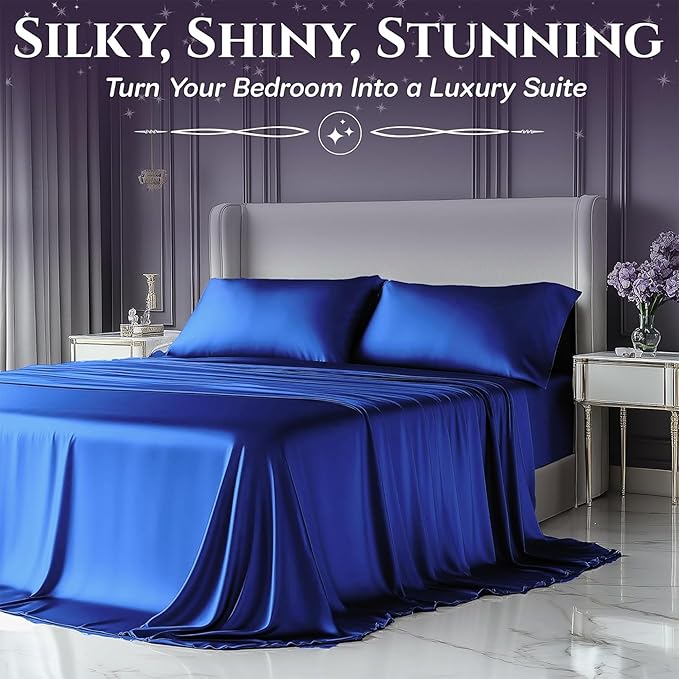 SLEEP SANCTUARY Satin Sheets Full Size – 4 Piece Luxury Silky Bed Set, Softer Than Silk, 15" Deep Pocket, Cooling & Wrinkle-Free, Moisture-Wicking & Breathable for Hair & Skin (Blue)