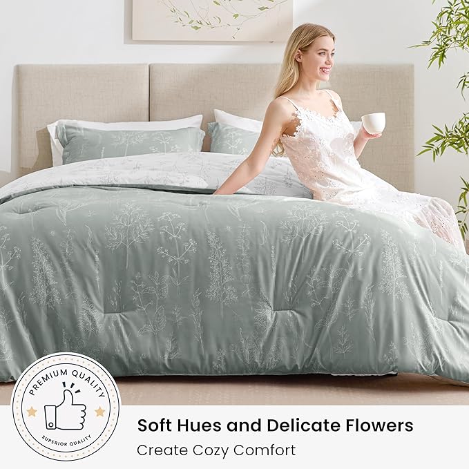 Love's cabin Grey Twin Comforter Set - Twin XL Size Comforter Set Dorm Bedding, 2 Pieces Cute Floral Bedding, Soft Reversible Flowers Comforter, 1 Comforter & 1 Pillow Sham