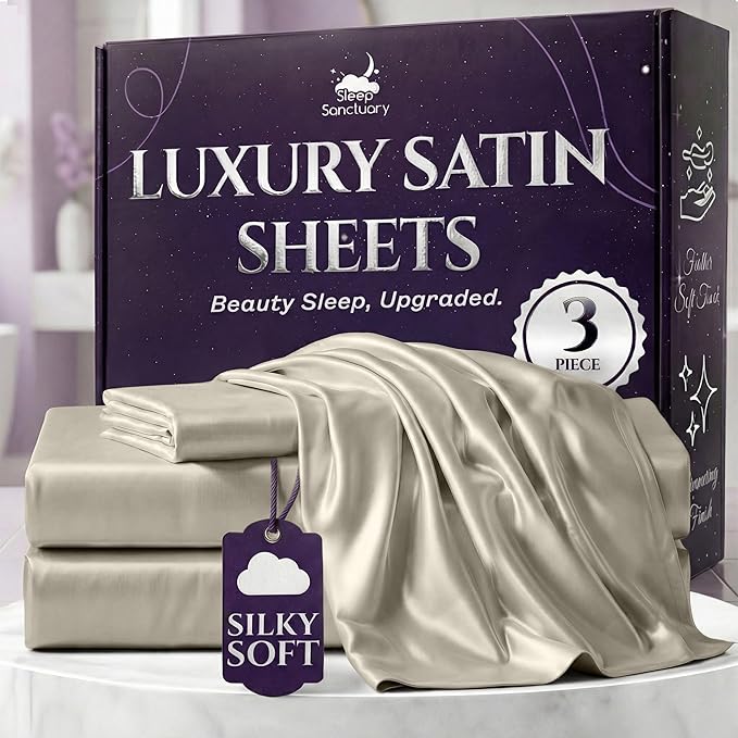 SLEEP SANCTUARY Satin Sheets Twin Size – 3 Piece Luxury Silky Bed Set, Softer Than Silk, 15" Deep Pocket, Cooling & Wrinkle-Free, Moisture-Wicking & Breathable for Hair & Skin (Taupe)