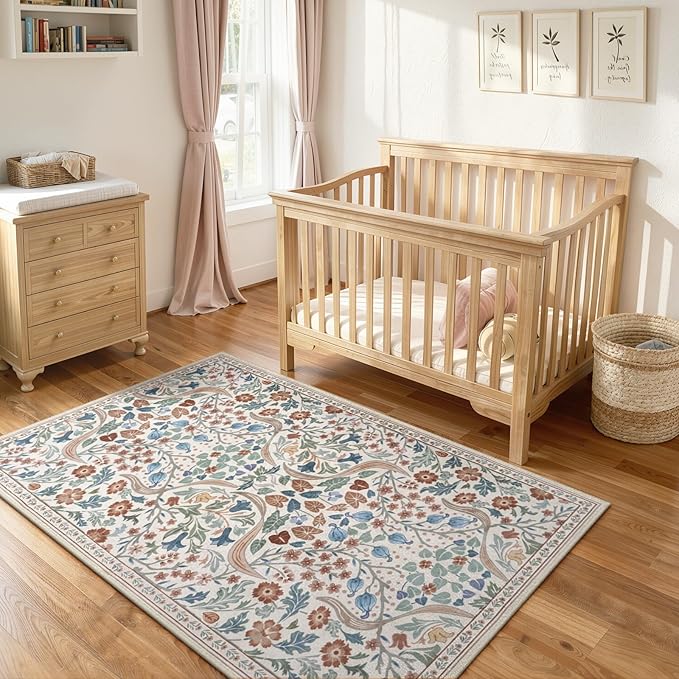 Lahome Claude Floral 3x5 Beige Nursery Rug, Non-Slip Washable Area Rugs for Dorm Bedside Entryway, Botanical Soft Boho Carpet for Kids Room, Entrance Indoor