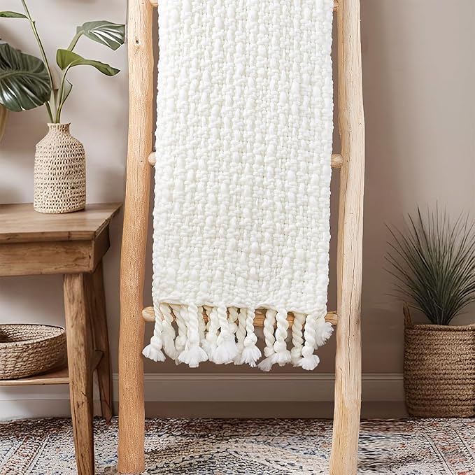 Home Soft Things Basket Weave Throw Blanket, Soft Cozy Warm Blanket with Braided Decorative Throw for Couch Sofa Outdoor Indoor, Antique White, 50''x60