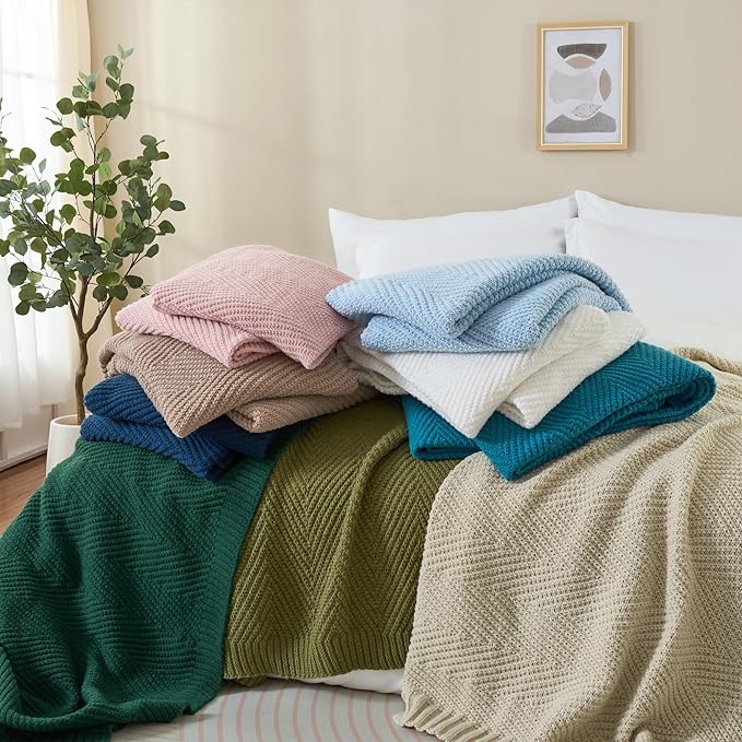 Knitted Throw Blanket 60"X80", Dark Green Knit Throws for Bed, Super Soft Boho Chevron Blankets for Couch Sofa Chair Room Decor, Textured Decorative Farmhouse Cozy Lightweight