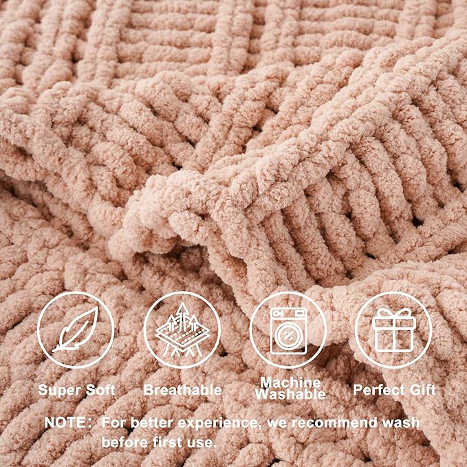Battilo Chunky Knit Throw Blanket for Couch, 50"x60", Pink Chenille Throw Blanket, Super Soft Cozy Warm Cable Knitted Blankets for Bed, Sofa, Living Room