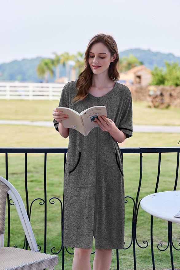 Ekouaer Women Zipper Robe Short Sleeve Duster Housecoat Short Bathrobes Zip Front Nightgown with Pockets S-3XL