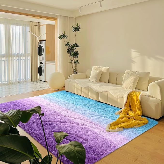 Purple Blue Area Rug 6x9 Large Rugs for Living Room Bedroom, Fluffy Cute Rug Modern Carpets for Kids Room, Non-Skid Rectangular Indoor Gradient Rug for Girls Boys Nursery Room Home Decor