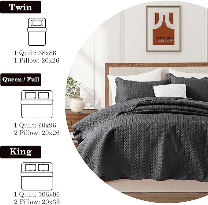 IR Imperial Rooms King Quilt Bedding Set Size (106" x 96") + 2 Pillow Shams (20" x 36"+ 2") - 3 Pcs All Season Lightweight Reversible Microfiber Coverlet Embossed Quilt Bedspread (Charcoal)