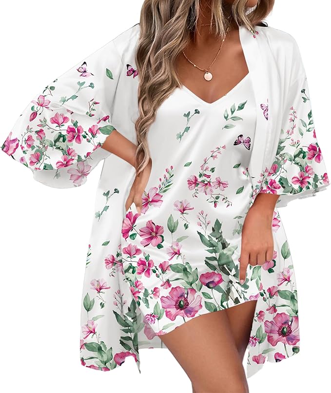 Ekouaer Women's Silk Robe Set V-neck 2 Piece Bridal Party Robes and Satin Bathrobe Set with Pockets