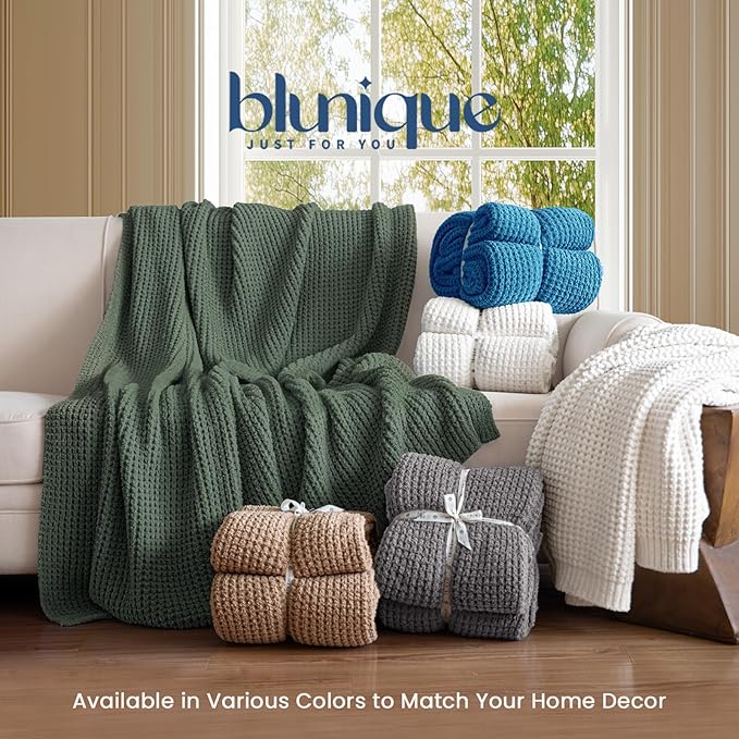 Waffle Knit Twin Blanket, Luxury Cozy Chunky Knit Twin Blanket for Couch, 60 x 80 Inch Thick Ultra-Soft Feather Yarn Knitted Blankets for Sofa, Bed, Home Decor - Blue
