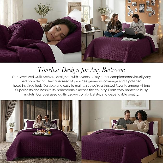 Southshore Fine Living, Inc. Oversized Quilt Bedding Set Queen, Soft Coverlet Full Size, Lightweight Bedspread 3-Piece with Two Matching Quilted Pillow Shams, All Season Full/Queen Quilts, Purple