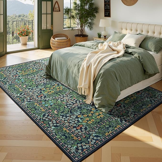 Lessymo Floral Living Room Rug 5x7 Area Rug, Vintage Forest Washable Rugs for Dining Room, Bedroom, Low Pile Non Slip Rubber Green Mat, Vintage Distressed Boho Flower Print, Forest Green