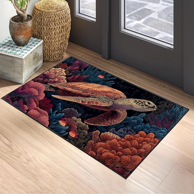 Turtle Area Rug 2x3 ft Entry Rug Washable Boho Rugs Non Slip Low Pile Floral Door Mat Small Carpet for Bedroom, Bedside, Kids Room, Office, Dining Room