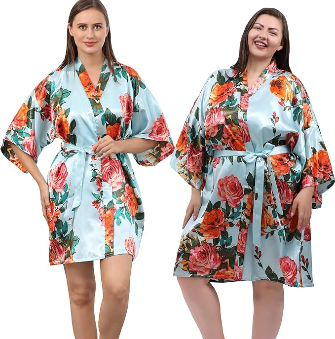 QXQTER Peony Floral Silky Satin Robe Wedding Bridal Party Bride Bridesmaid Robes for Women Dressing Gown Kimono Robe