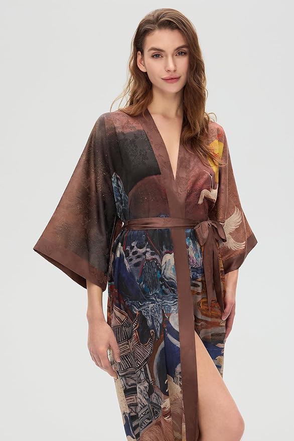 PRODESIGN Kimono Robes for Women - Long Silky Sleepwear Nightgown Bathrobe Floral Dressing Gowns Blouse Bride Bridesmaid Robe