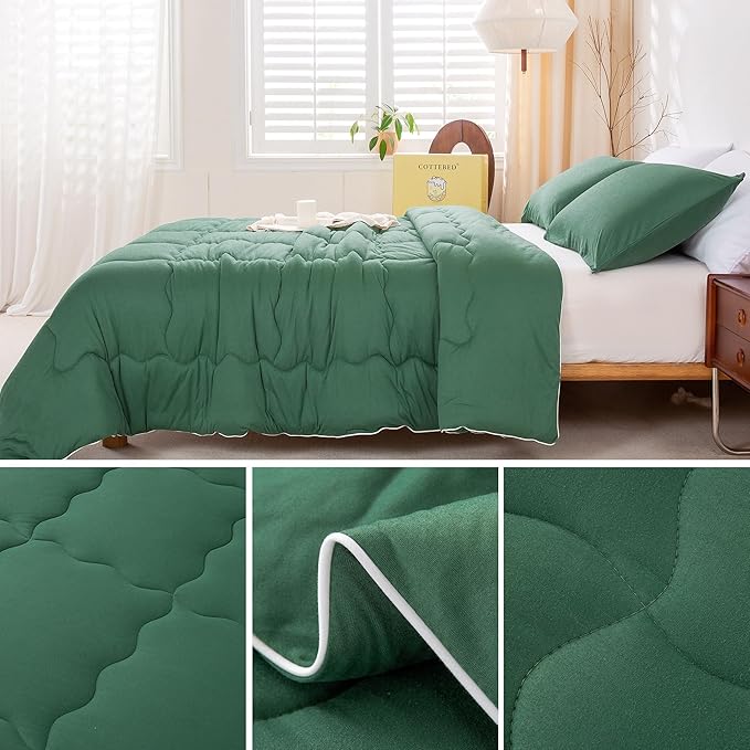 COTTEBED Softness Comforter Set King Size Bed, Jersey Knit Cotton T-Shirt Feel Ultra-Soft Comy Lightweight Bedding Quilt Blanket Pillowsham All Season, California/Cal King Emerald/Hunter/Forest Green