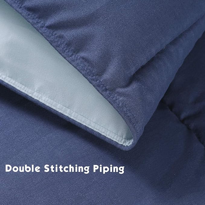 HIG 3pc Down Alternative Comforter Set - All Season Reversible Comforter with Two Shams - Quilted Duvet Insert with Corner Tabs - Box Stitched - Breathable, Soft (Full/Queen, Navy/Light Blue)