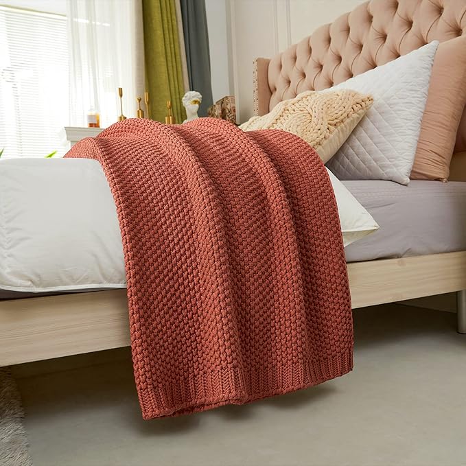 Chunky Cable Knit Throw Blanket Lightweight Rust 100% Organic Cotton Blanket for Sofa Couch Bed Baby Nursery, Rustic Shabby Chic Modern Farmhouse, 60” x 80” Give Laundering Bag