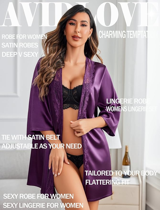 Avidlove Women's Kimono Robe Short Satin Pure Short Silky Robes