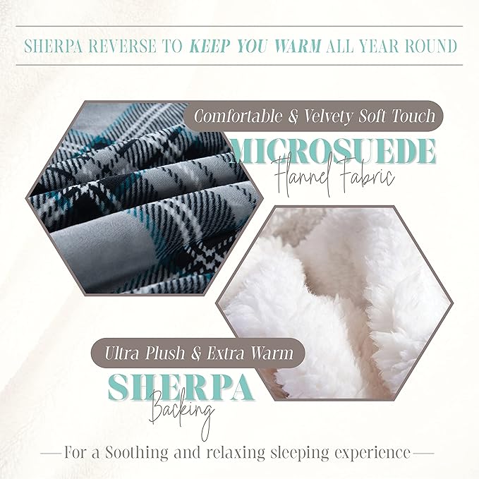 Elegant Comfort Throw Blanket, Reversible Sherpa Flannel, Ultra-Soft, Fuzzy, Cozy and Plush- All Season Lightweight Decorative Throw, 50 x 60 inches, Plaid Design Sherpa Throw, Silver Gray