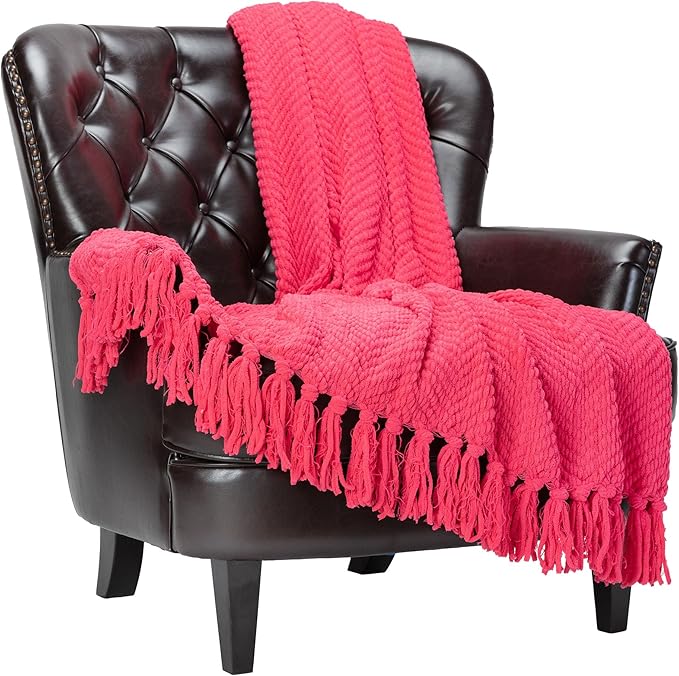 Chanasya Premium Textured Knit Throw Blanket with Tassels - Soft, Cozy Blanket for Couch, Bed, Living Room - 50" x 65” - Azalea
