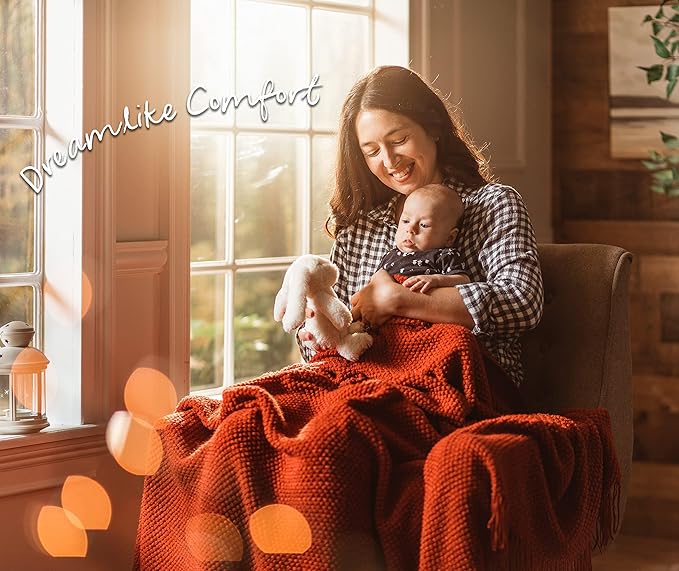 Chanasya Premium Textured Knit Throw Blanket with Tassels - Soft, Cozy Blanket for Couch, Bed, Living Room - 50" x 65” - Rust