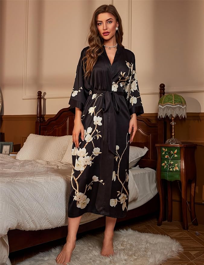 Kihnop Women's Floral Long Kimono Robe Long Satin Robe Long Silk Robe Ladies Kimonos Silky Bathrobe Cover Up, One Size