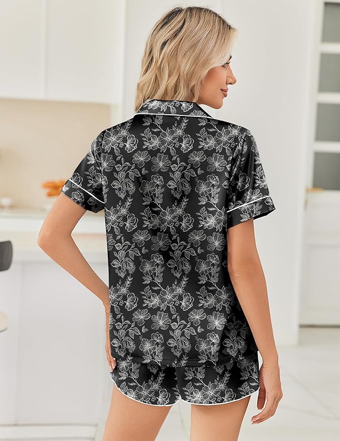 Ekouaer Womens Silk Satin Pajama Sets 2 Piece Button Down Silk Pjs Shorts Sets Cute Print Short Sleeve Sleepwear S-4XL