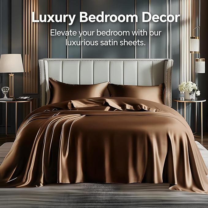 BEDELITE Satin Sheets Twin Size Bed Set, Luxury Soft Brown Silky Sheets for Hair and Skin, Similar to Silk Bed Sheets Set 3 Pieces with 1 Deep Pocket Fitted Sheet, 1 Flat Sheet, and 1 Pillowcase