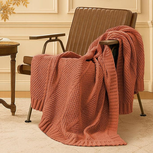 Amélie Home Knit Throw Blanket, Soft Chenille Cozy Breathable Chevron Chunky Decorative Blanket for Couch, Bed & Sofa, French-Inspired Lightweight Warm Gift for Women, Orange, 50"x60"