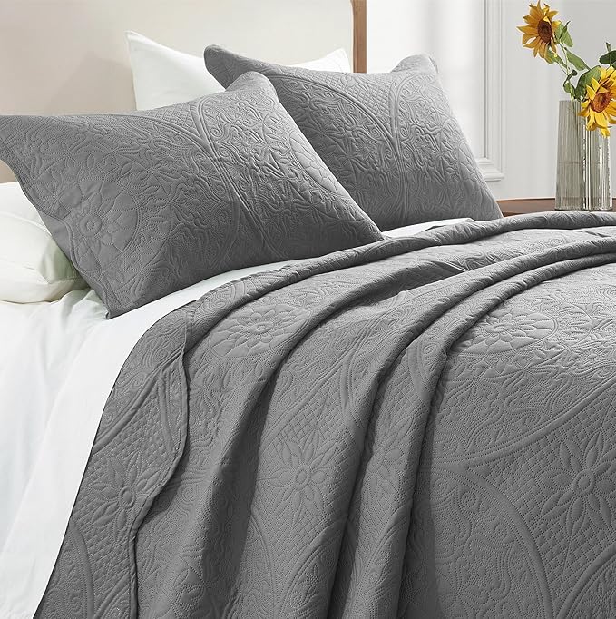 IR Imperial Rooms Twin Quilt Bedding Set Size (68” x 86”) + 1 Pillow Shams (20” x 26” + 2”) - 2 Pcs All Season Lightweight Reversible Microfiber Coverlet Floral Embossed Quilt Bedspread (Grey)
