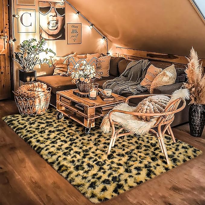 HOMORE Premium Leopard Fluffy Rugs, Leopard Print Rug for Living Room Bedroom,Soft Cheetah Print Rug for Kids Children Room, Faux Animal Printed Carpet for Western Decor,3x5 Feet Black and Khaki
