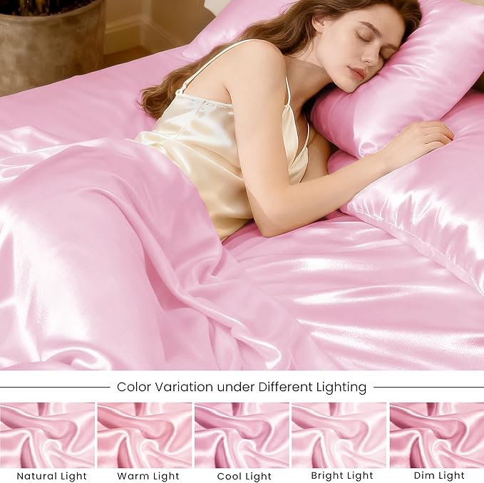 Love's cabin Satin Twin Sheets Set - 4 Piece Pink Silky Bed Sheets Set with Deep Pocket, Luxury Silk Feel Satin Twin Size Sheet Set (1 Flat Sheet, 1 Fitted Sheet, 2 Pillow Cases)