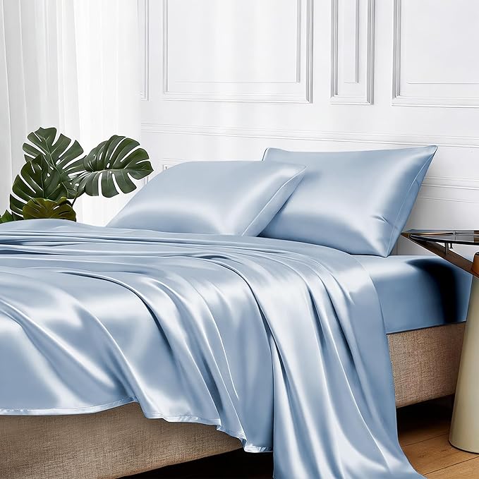 MR&HM Satin Bed Sheets with Elastic Corner Straps, Full Size Sheets Set, 4 Pcs Silky Bedding Set with 15 Inches Deep Pocket for Mattress (Full, Blue Haze)