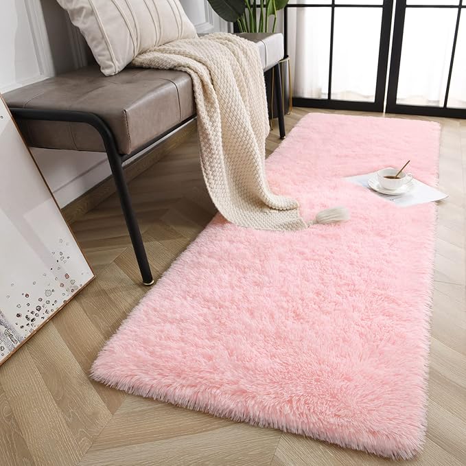 Jelymark Super Soft Shaggy Rug for Bedroom, 2x6 Feet Fluffy Carpet for Living Room, Fuzzy Indoor Plush Area Rug for Home Decor, Furry Floor Rugs for Dorm, Kids Nursery Rug for Girls, Pink