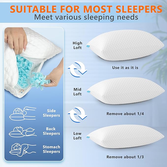 UYWO Cooling Pillows King Size Set of 2, Memory Foam Pillows with Zipper, Firm Bed Pillows Adjustable for Hot Side Back Stomach Sleepers